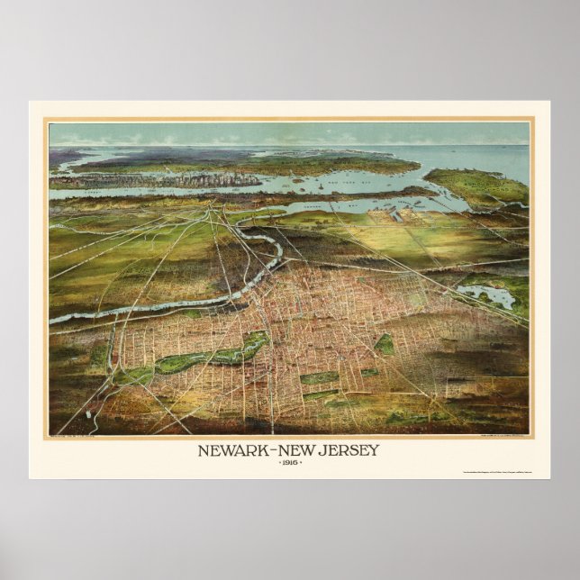 Poster Newark, NJ Panoramic Map - 1916 (Devant)