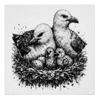 Nid de famille d'oiseaux – Illustration à l'encre 