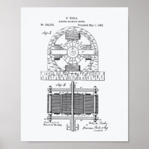 Poster Nikola Tesla 1888 Art de brevet - Livre blanc