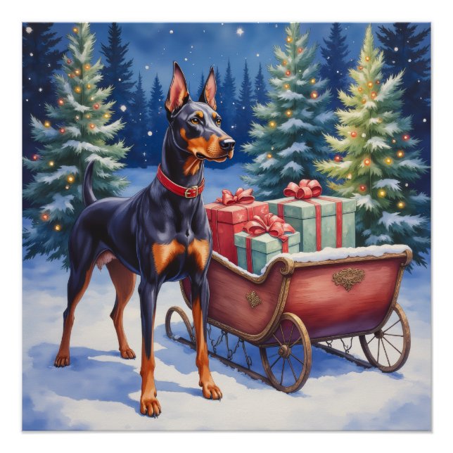 Poster Noble Doberman Guarding Christmas Sleigh Winter (Devant)