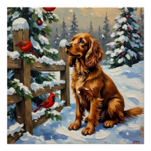 Poster Noël avec un Cocker Spaniel vintage et des cardina