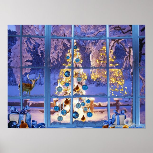 Poster Noël bleu à travers la fenêtre (Devant)