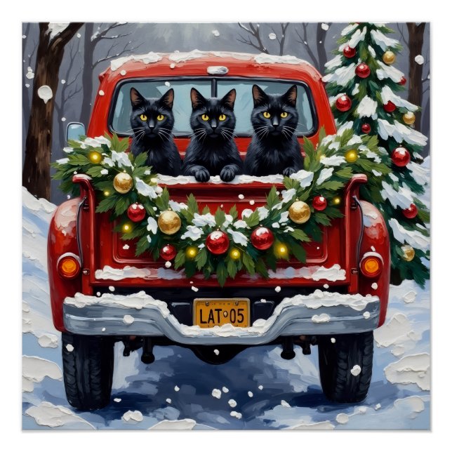 Poster Noël Camion Rouge Chat Noir Fêtes (Devant)