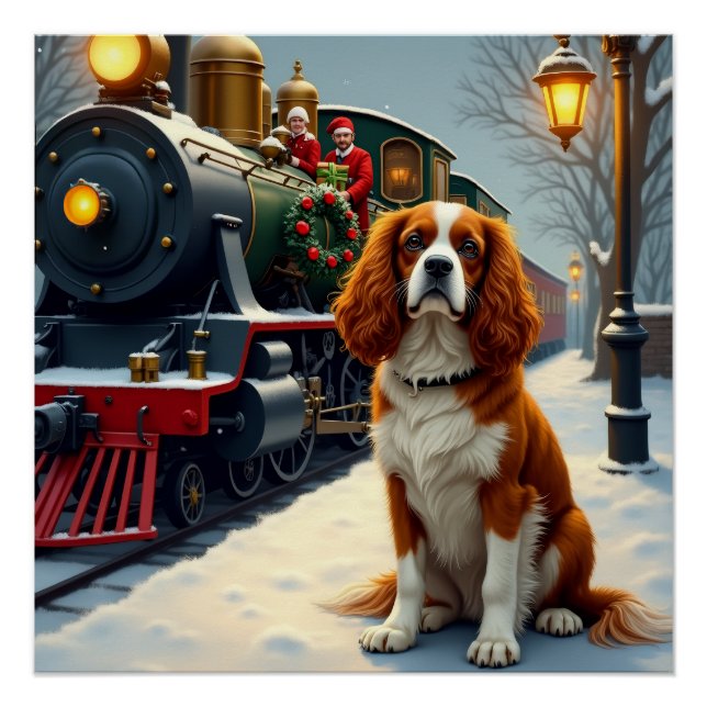 Poster Noël Cavalier King Charles Spaniel en gare (Devant)