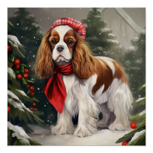 Poster Noël du chien espagnol Cavalier King Charles (Devant)
