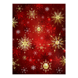 Poster Noël Golden Snowflakes sur Arrière - plan rouge