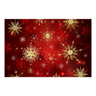 Poster Noël Golden Snowflakes sur Arrière - plan rouge