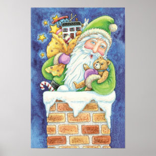 Poster Noël mignon, Père Noël à Chimney avec jouets