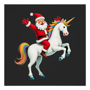 Poster Noël Santa à cheval Licorne Xmas Filles Femmes Ra