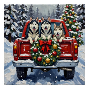 Poster Noël Siberian Husky Camion Rouge Fêtes