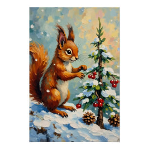 Poster Noël sous l'arbre de pin écureuil rouge vintage