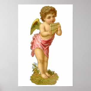 Poster Noël vintage, ange musicien avec flûte de Pan