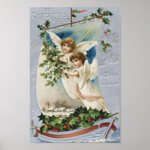 Poster Noël vintage, Anges victoriens en voilier