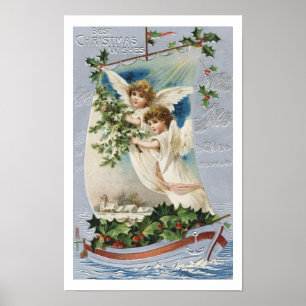 Poster Noël vintage, Anges victoriens en voilier