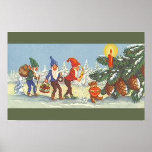 Poster Noël vintage, Elfes dans la forêt enneigée d'hiver