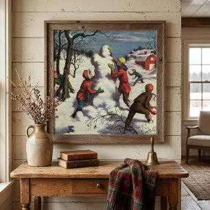 Poster Noël vintage, enfants bataille de boules de neige