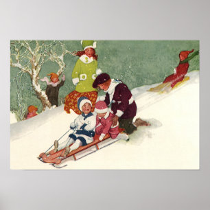 Poster Noël vintage, Enfants dormant dans la neige