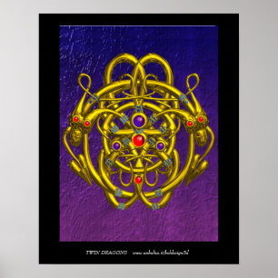 POSTER NŒUDS CELTIQUES D'OR AVEC DRAGONS JUMEAUX