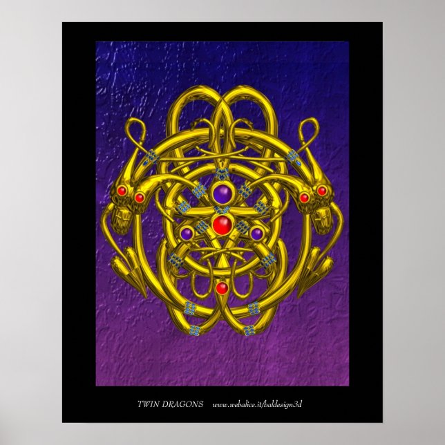 POSTER NŒUDS CELTIQUES D'OR AVEC DRAGONS JUMEAUX (Devant)