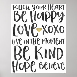 Poster Noir Aquarelle Mots Inspirationnels Gold Heart