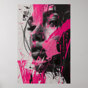 Poster noir blanc rose Abstrait peinture de femme