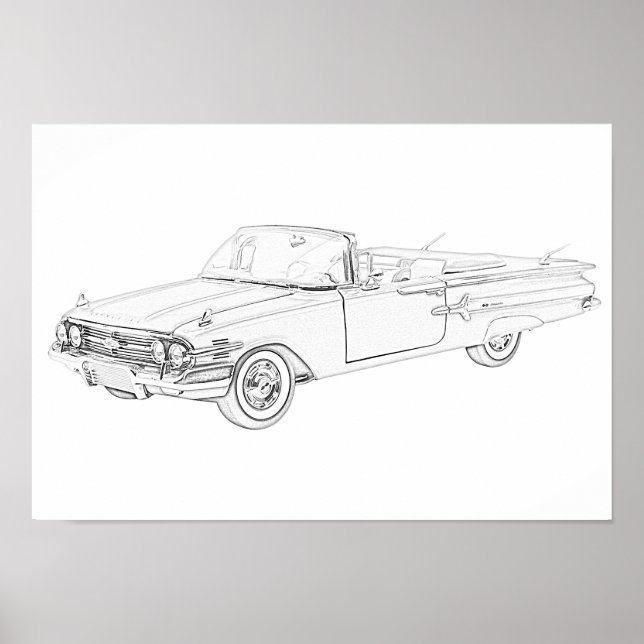 Poster Noir et blanc 1960 Chevy Impala Convertible (Devant)