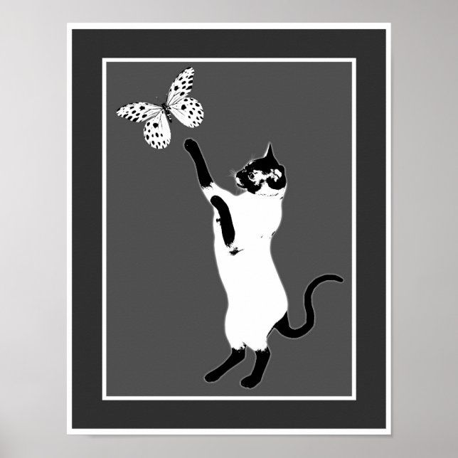 Poster noir et blanc de papillon de chats siamois (Devant)