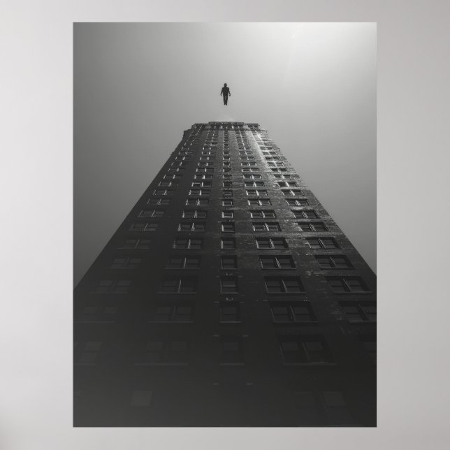 Poster noir et blanc d'un homme qui tombe (Devant)