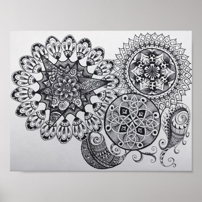 Poster Noir et blanc Mandala Celtic Knot Tangle Paisley (Devant)