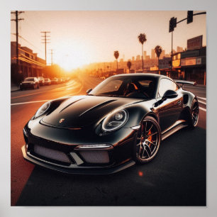 Poster noir Porsche Sunset