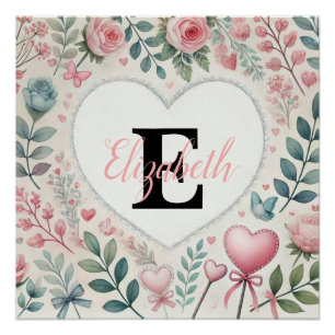 Poster Nom de monogramme Coeurs Vintages aquarelle floral