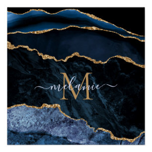 Poster Nom du monogramme Agate Marine Bleu Gold Gemstone 