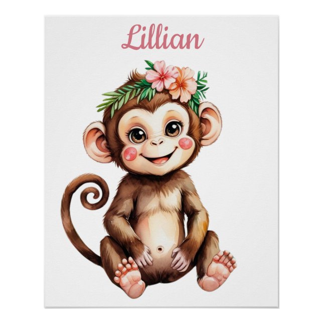 Poster Nom personnalisé Fille Nursery Baby Monkey (Devant)