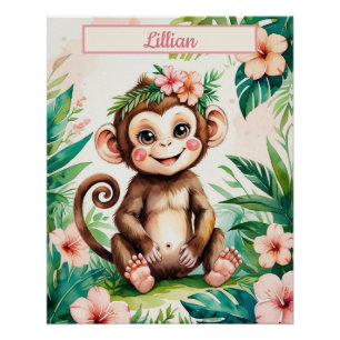 Poster Nom personnalisé Fille Nursery Baby Monkey