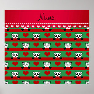 Poster Nom personnalisé panda vert rouge bandes coeur