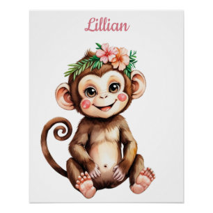 Poster Nom personnalisé Safari Girl Nursery Baby Monkey