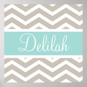 Poster Nom personnalisé Tan Turquoise Chevron