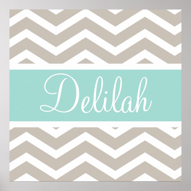 Poster Nom personnalisé Tan Turquoise Chevron (Devant)