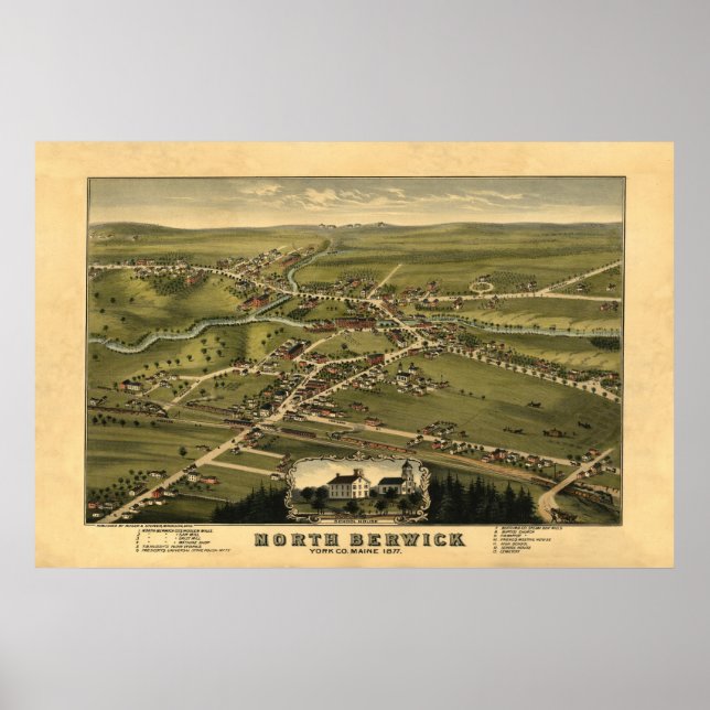 Poster North Berwick ME Panoramique Birdseye View 1877 (Devant)
