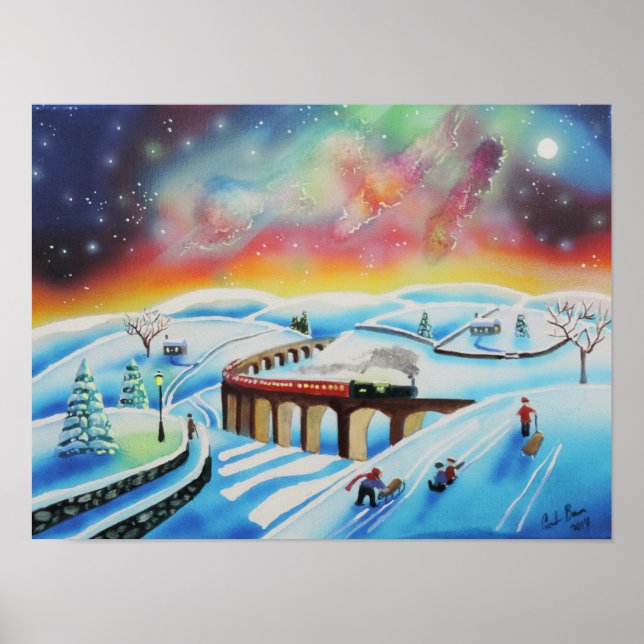 Poster Northern lights train landscape painting (Devant)