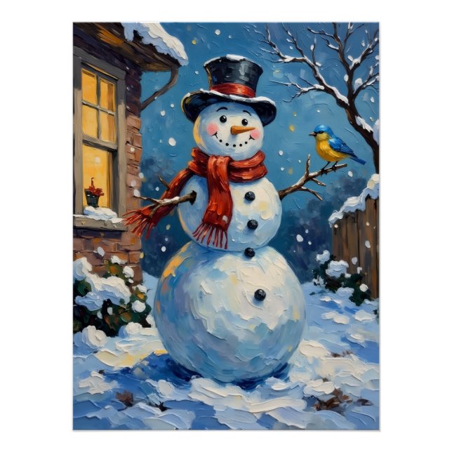 Poster Nostalgic Happy Snowman with Bluebird Winter Scene (Devant)