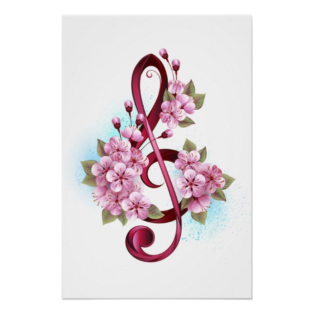 Poster notes de clé de sol musicale avec fleurs de Sakura (Devant)