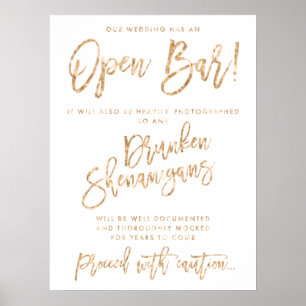 Poster Notre Mariage A Un Open Bar Sign Gold Foil Effet