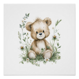 Poster Nounours mignon à l'aquarelle avec fleurs sauvages