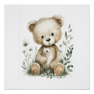 Poster Nounours mignon à l'aquarelle avec fleurs sauvages