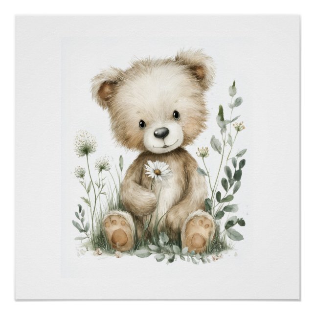Poster Nounours mignon à l'aquarelle avec fleurs sauvages (Devant)