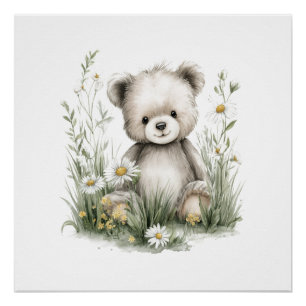 Poster Nounours mignon à l'aquarelle avec fleurs sauvages