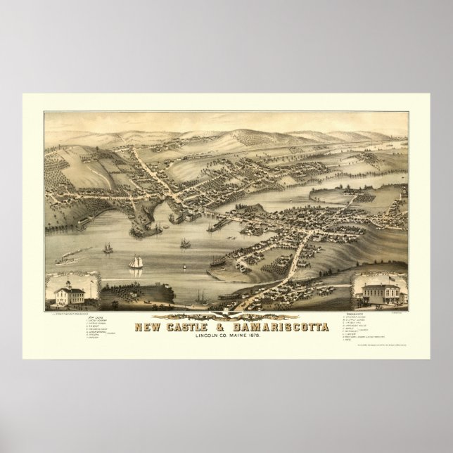 Poster Nouveau Château & Damariscotta, ME Carte panoramiq (Devant)