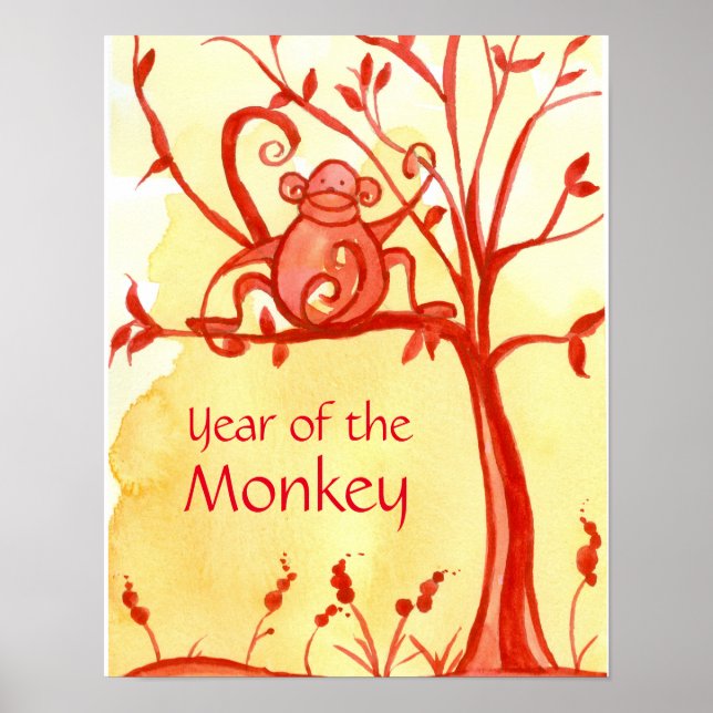 Poster Nouvel An Chinois De L'Arbre Rouge Du Singe (Devant)