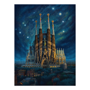 Poster Nuit étoilée sur Sagrada Familia Barcelona
